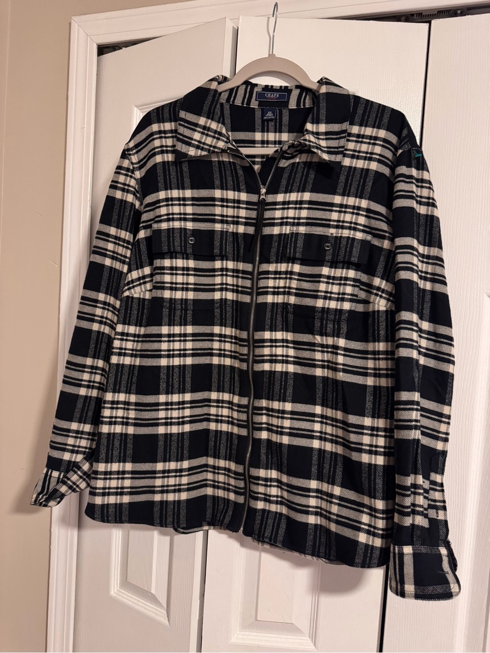 Chaps Denim Black White Plaid Zip Up Flannel Shacket Jacket Plus Size 2X